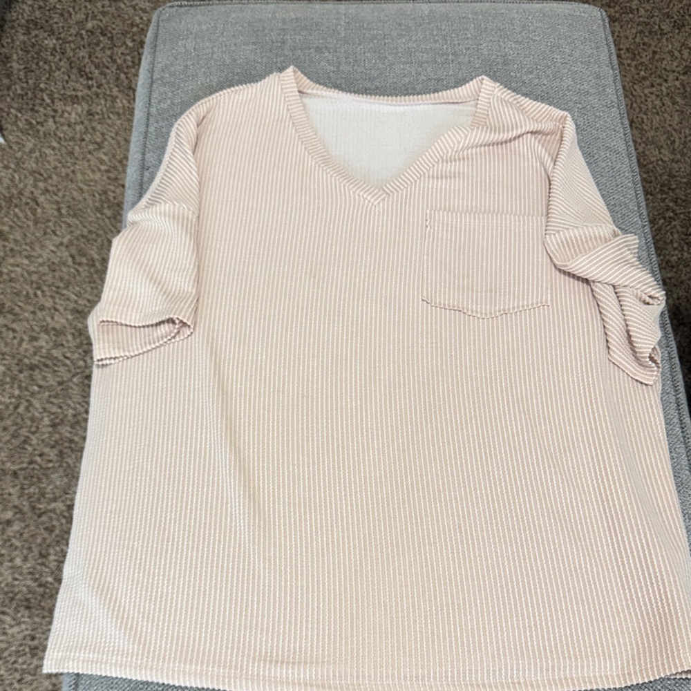 Amazon Women's Beige Striped V-Neck Tee